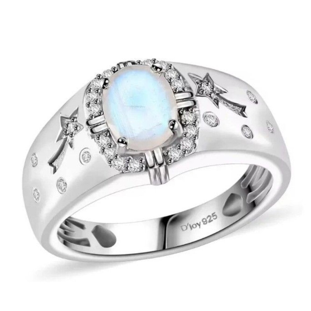 Moon Glow Moonstone and White Zircon Celestial Ring in Rhodium Over 925 Size 11
